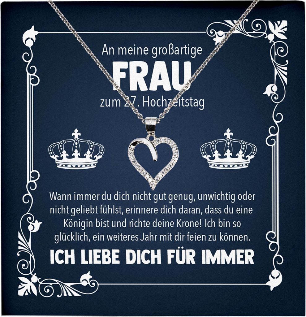 22Feels Ehefrau Königin 27. Hochzeitstag Geschenk Ich Liebe Dich Frauen Herz Halskette Damen Collier mit 23 Zirkonia Steinen (Damen Silber 925/000...