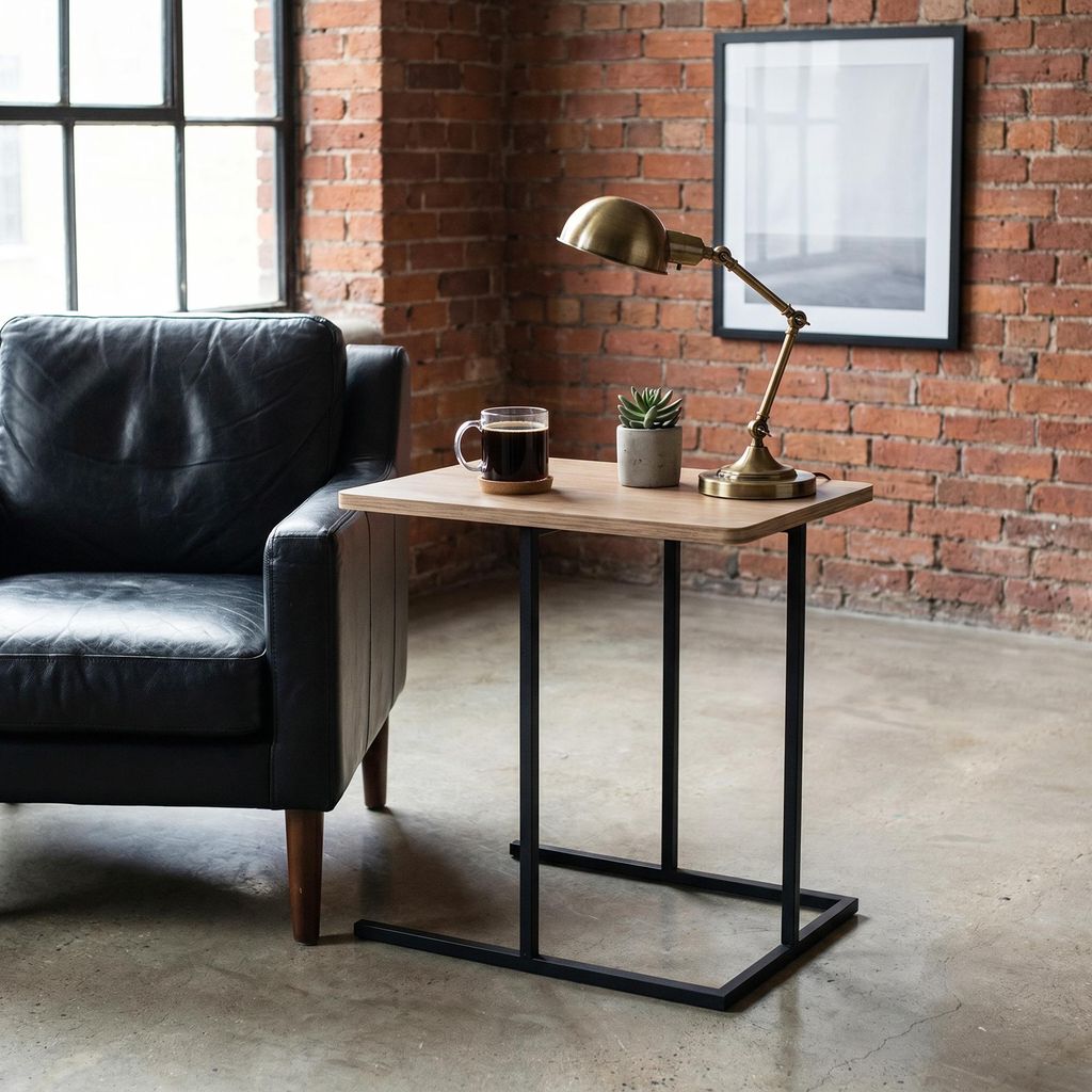 Carenza Home Beistelltisch C-Form mit Holzplatte, Sofa-Tisch Couchtisch Laptop-Tisch klein, Metall schwarz Industrial-Skandi Eiche-Optik, 50 x 36 x 50