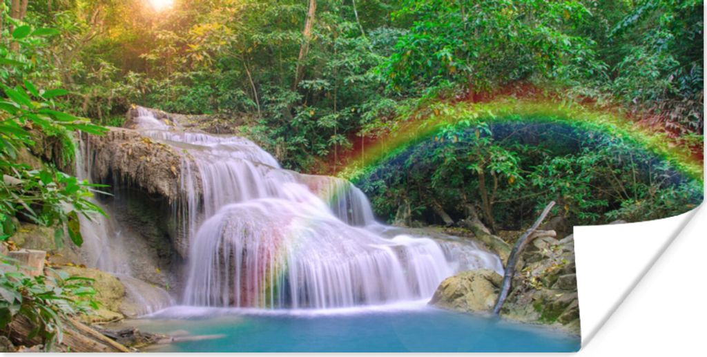 MuchoWow Poster Regenbogen - Sonne - Wasserfall - Natur 150x75 cm - ohne Rahmen