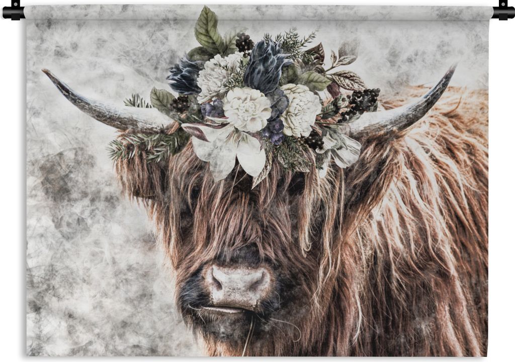 MuchoWow Wandteppich Wandbehang Schottisches Hochlandrind - Rauch - Flora 90x67.5 cm Tapisserie Dekoration Wandtuch - Fototeppich - Wand-Skulpturen