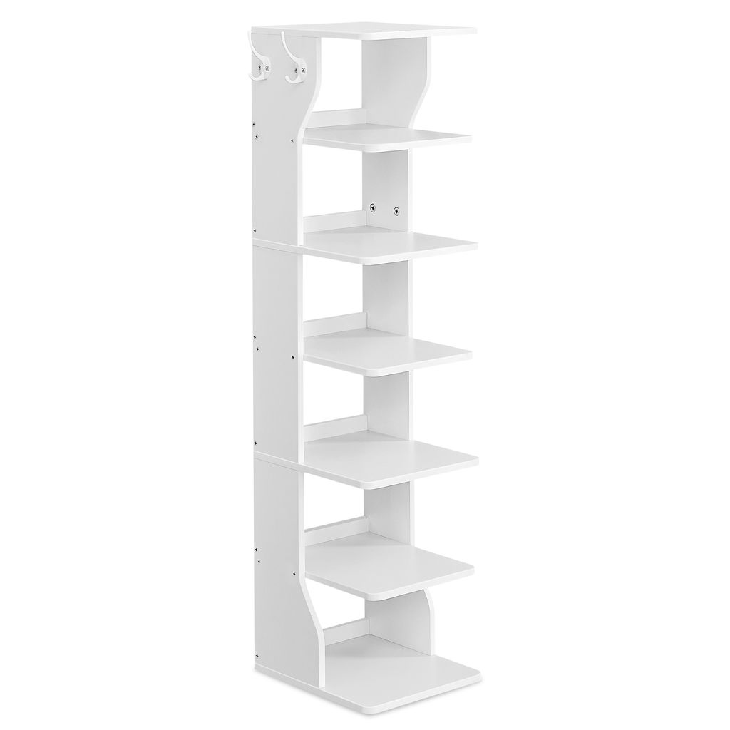 A tall, white, multi-tiered shelving unit with a minimalist design.
