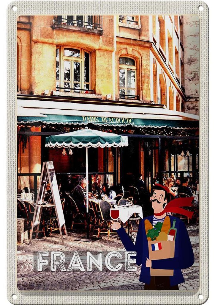 Blechschild Reise 20x30cm Frankreich Innenstadt Restaurant Wein