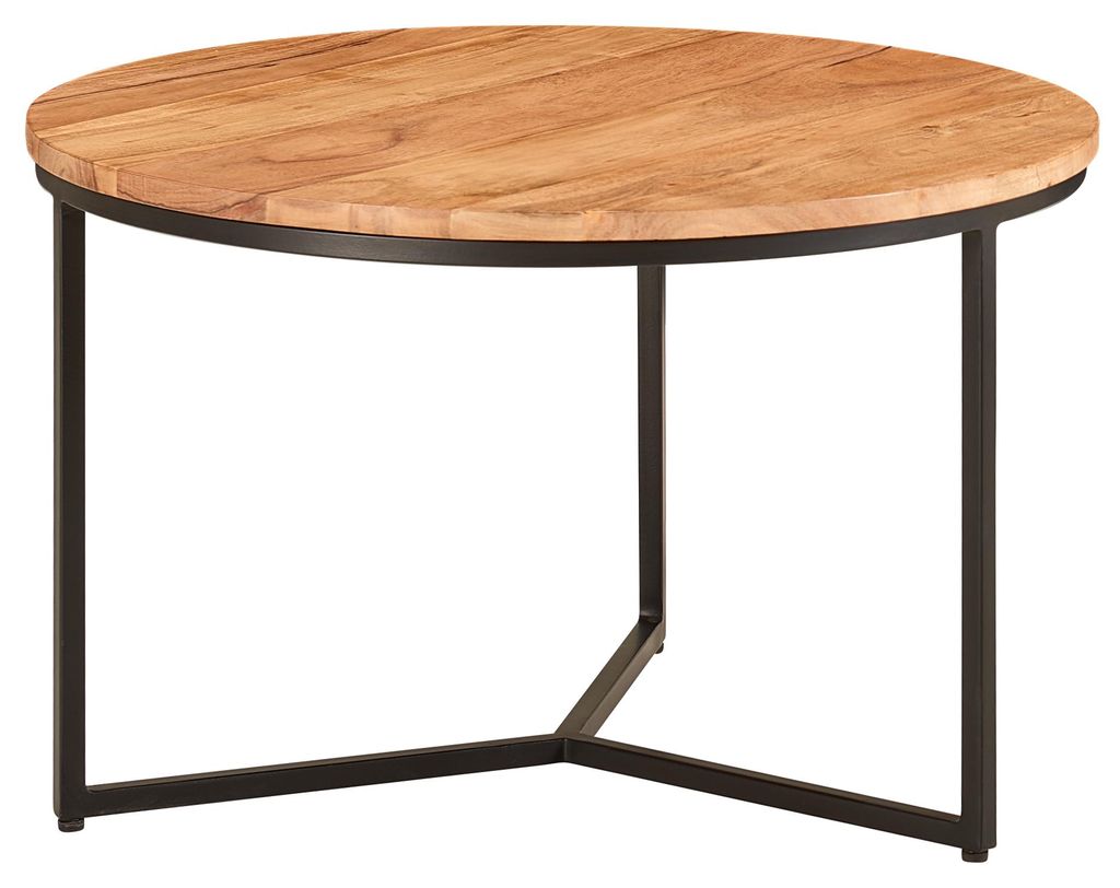Runder Couchtisch mit Akazie-Massivholzplatte und schwarzem Metallgestell, Gesamtansicht von vorne.