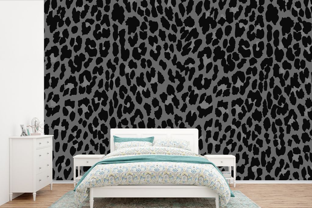 MuchoWow Fototapete für Wohnzimmer oder Schlafzimmer Wandtapete Vinyl Motivtapete Pantherdruck - Muster - Grau - 600x400 cm - Vinyltapeten