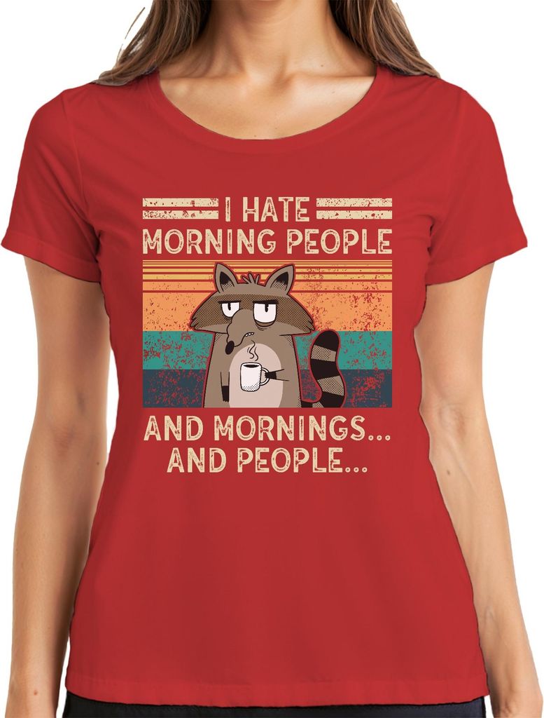 I hate morning people and mornings Waschbär Kaffee Retro Damen T-Shirt, Rot, 3XL