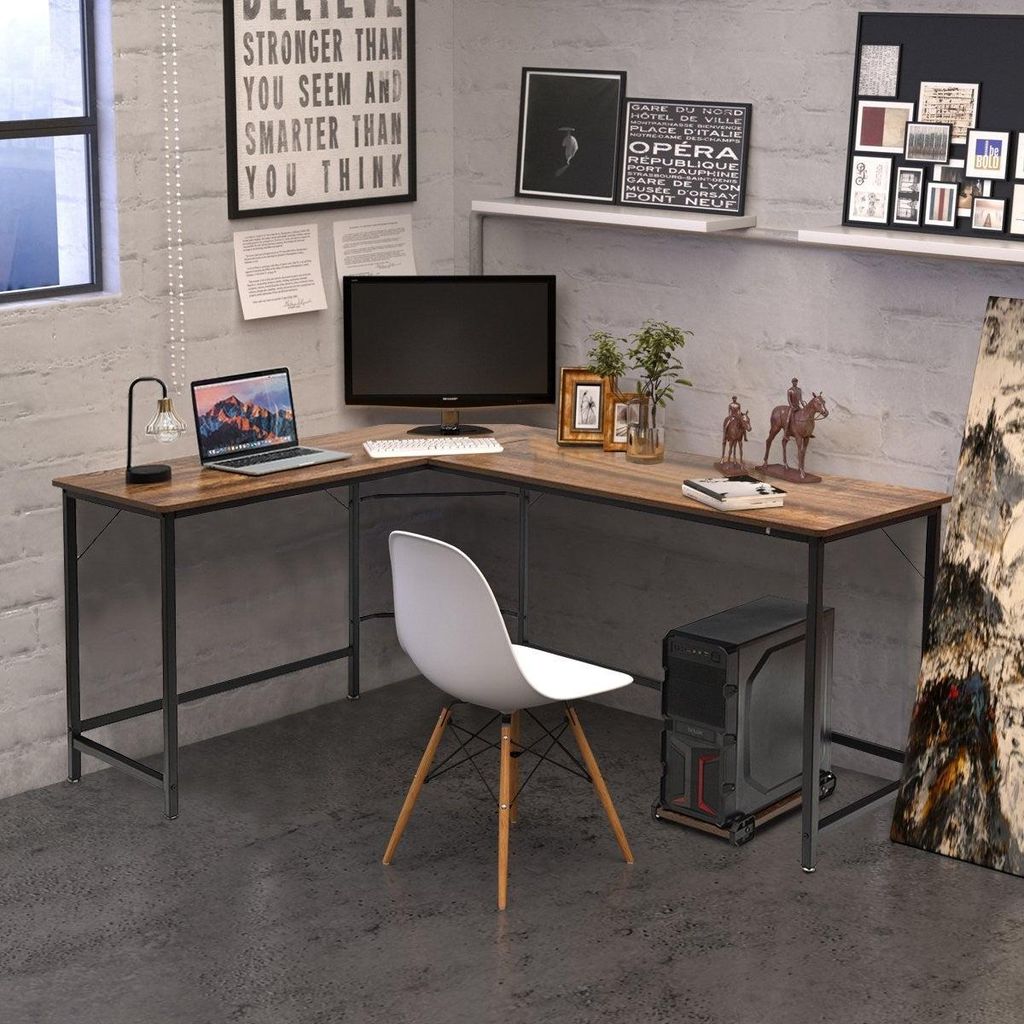 L-Form Computertisch PC Eckschreibtisch Winkelschreibtisch Schwarz/Natur 168 x 125 x 74 cm-Kaffee