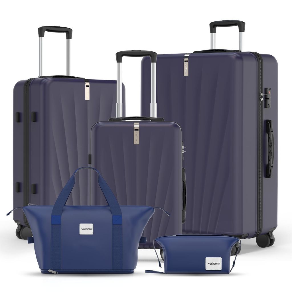 Trolleyset M-L-XL-Set, Gepäck mit Kosmetiktasche, Hartschalen-Koffer 5-teiliges Set, hochfestes ABS-Gehäuse, 360° geräuschloses Rad