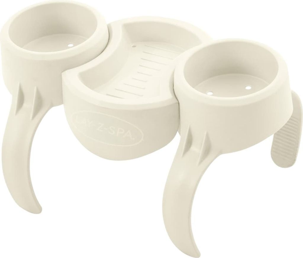 A cream-colored spa accessory with two cup holders and a central tray.