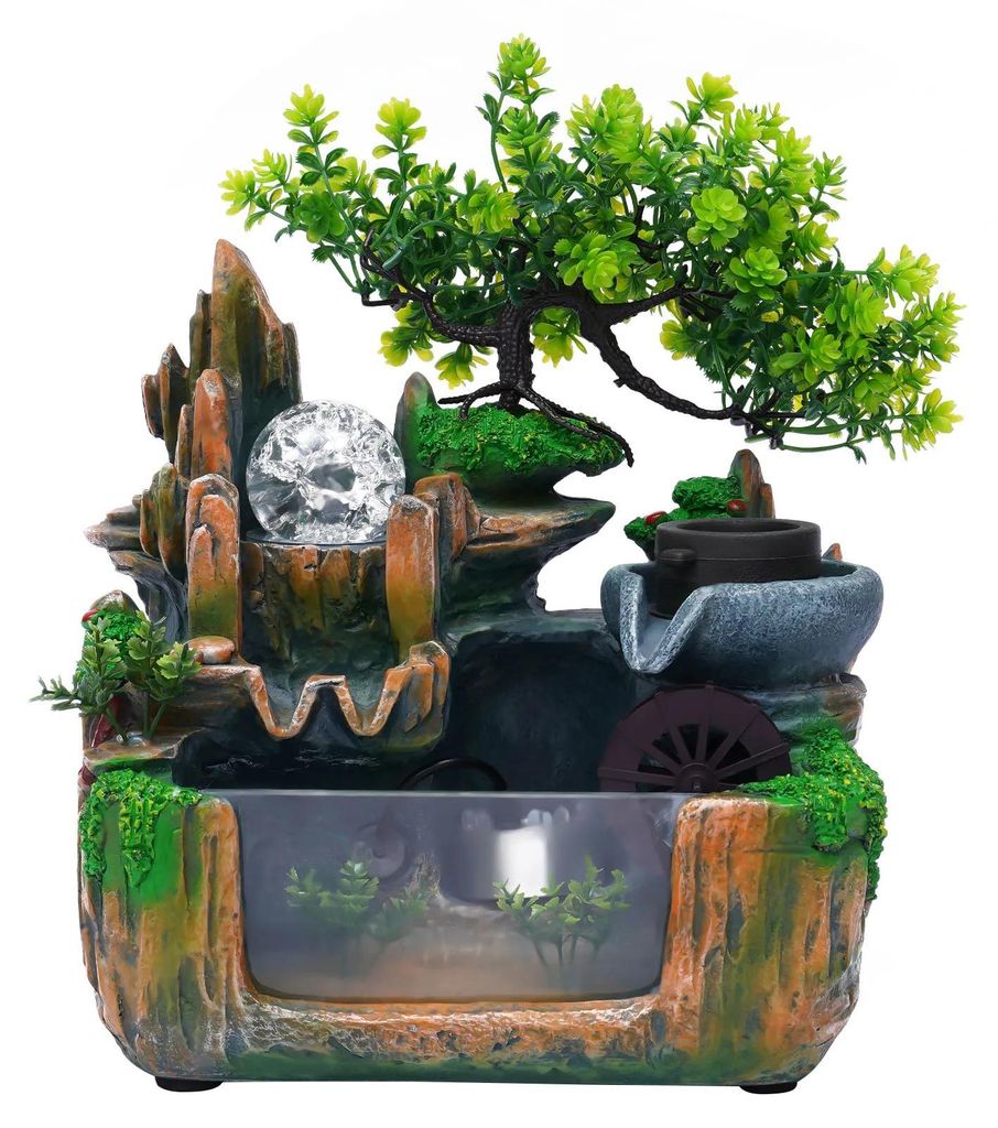 Kleiner Zimmerbrunnen Felsenlandschaft - Indoor Tischbrunnen - Mit Wasserfall und Nebel - LED Beleuchtung - Harz Dekoration für Wohnzimmer Schlafz...