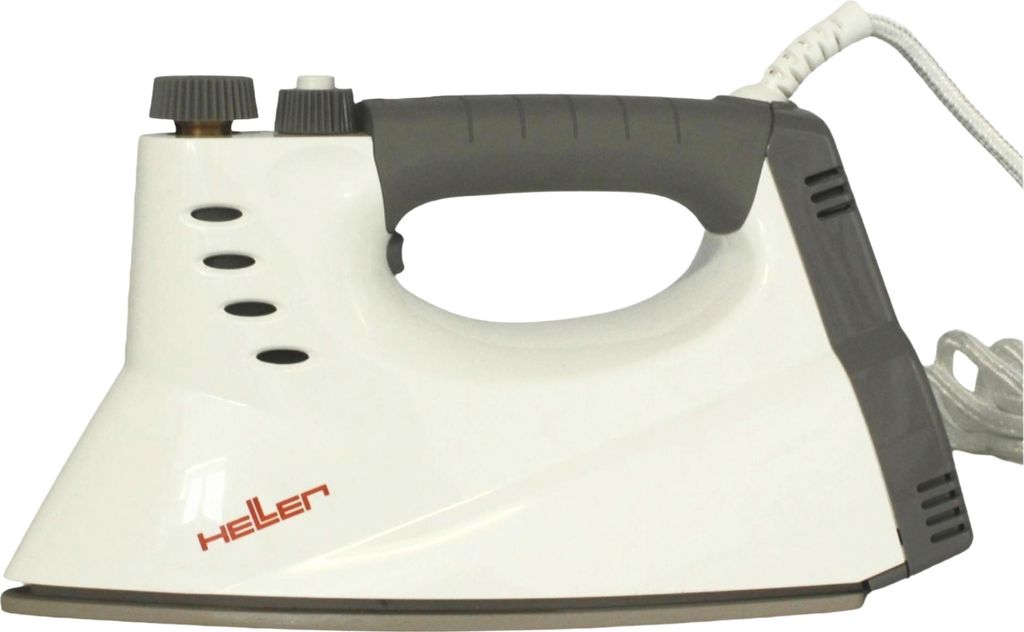 A white and gray Heller professional steam iron is shown against a white background.