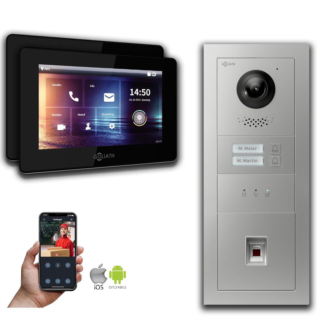 Goliath IP Video Türsprechanlage: 7-Zoll 2 Familienhaus, Fingerprint, Anzeige, Silber : Aufputzdose : 7 Zoll in Schwarz : 4er POE Anschluss über:...