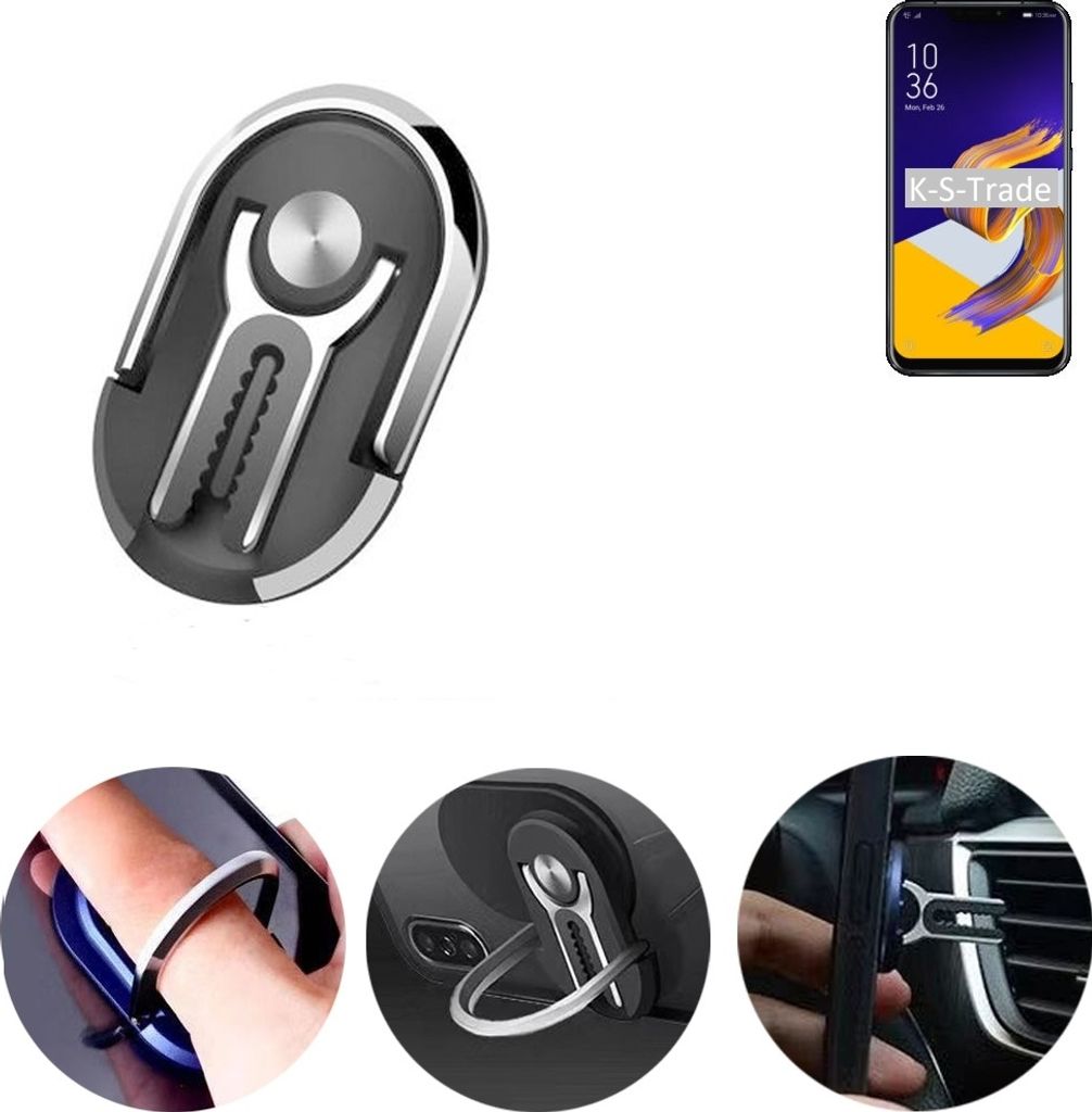 K-S-Trade 3in1 Smartphone-Ring Handy-Ring kompatibel mit Asus ZenFone 5 (2018) Fingerhalterung Handyring Tischständer Lüftungsgitter-Halterung