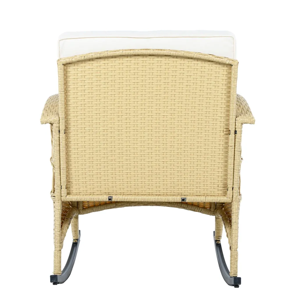 Fauteuil à bascule de balcon en rotin et table basse, coussins beiges - 16