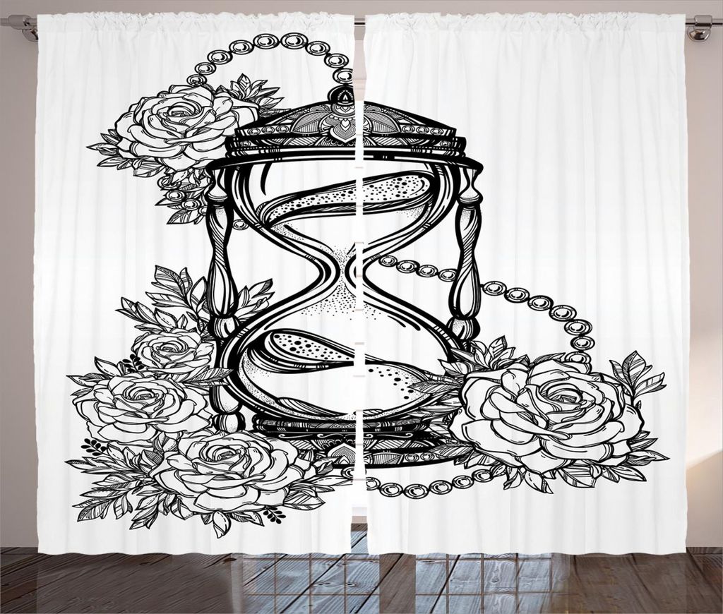 ABAKUHAUS Tätowieren Rustikaler Gardine, Sketch Stil Sanduhr, Schlafzimmer Kräuselband Vorhang mit Schlaufen und Haken, 280 x 175 cm, Schwarz und...