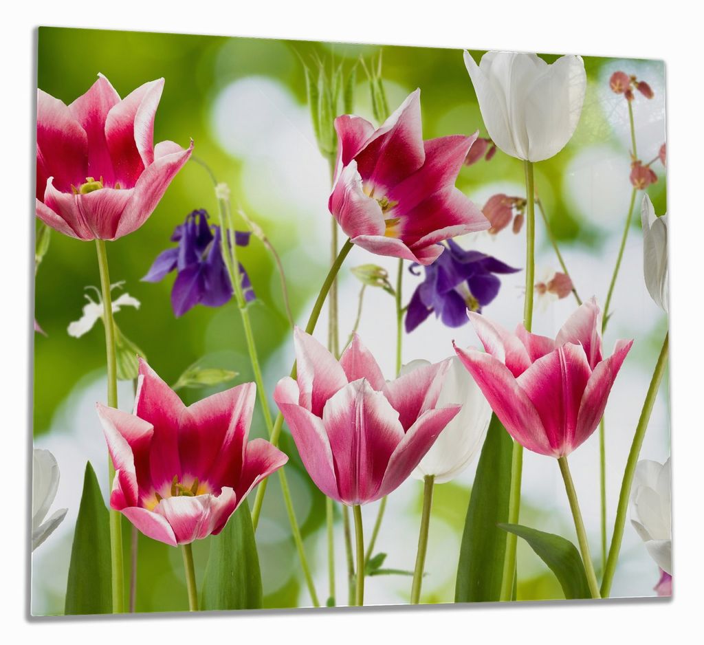 Wallario Herdabdeckplatte aus Glas, Größe 60 x 52 cm 1-teilig, Motiv Blühende Blumen im Frühling in pink und weiß