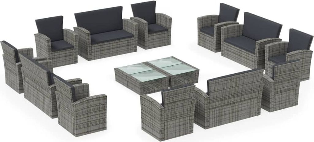 vidaXL 16-tlg. Garten-Lounge-Set mit Kissen Poly-Rattan Grau