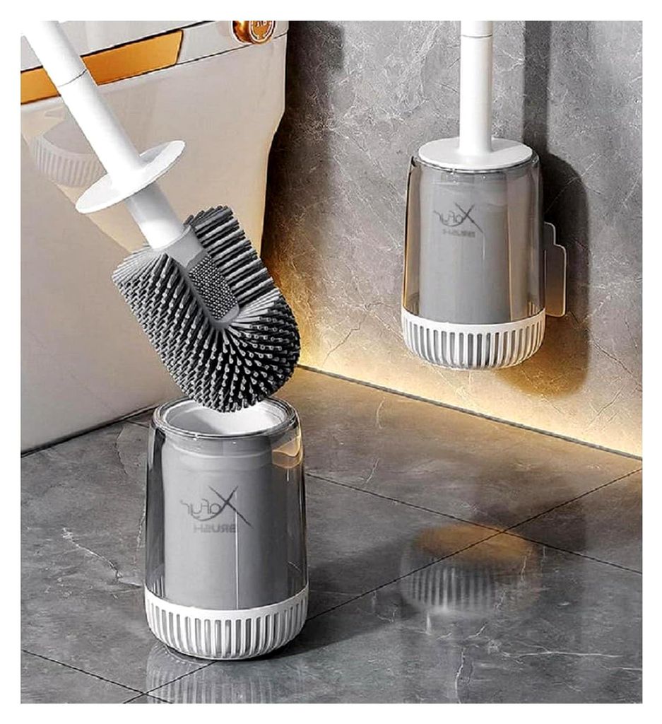 Toilettenbürste aus Silikon – WC Bürste mit Halter zur Wandmontage ohne Bohren, Weißer Stiel & Graue Borsten, Antibakteriell, Turbo-Trocknung,...