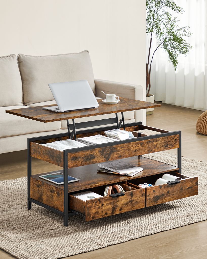 A lift-top coffee table with storage is shown in a living room setting next to a sofa.