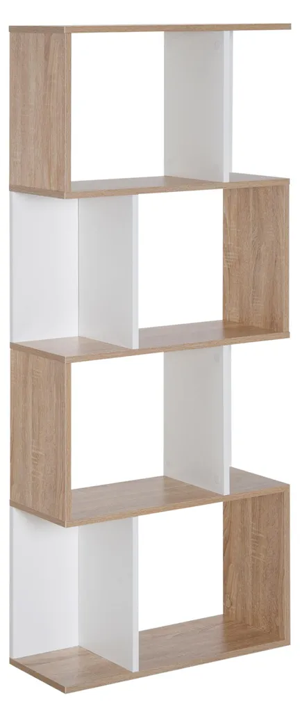 Meuble Étagère 4 Niveaux en S Finition Bois Naturel et Blanc 148cm Haut