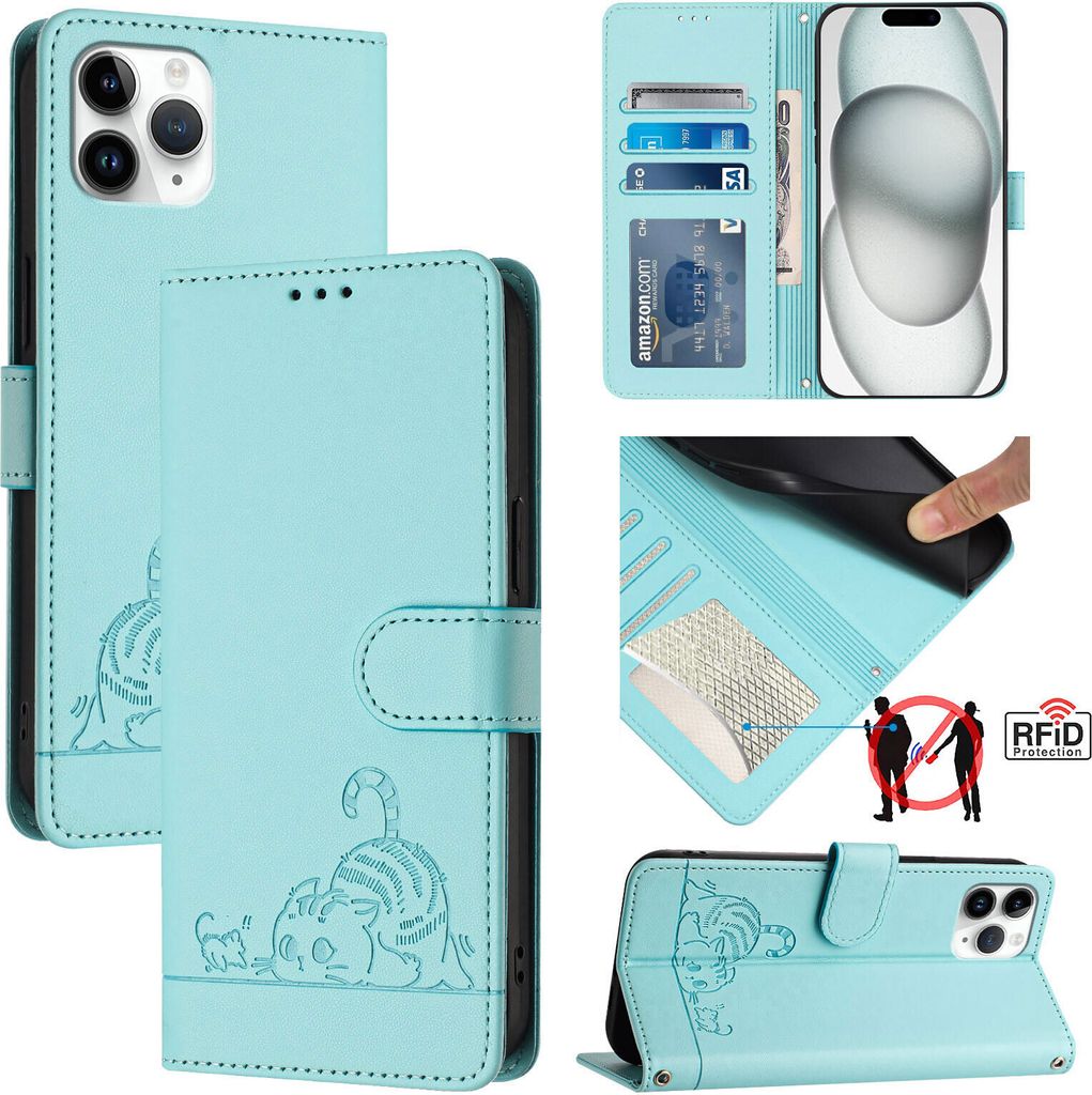 Leder Hülle für iPhone 11 Pro Süße Katze Flip Case Brieftasche Schutzhülle mit Standfunktion hellgrün