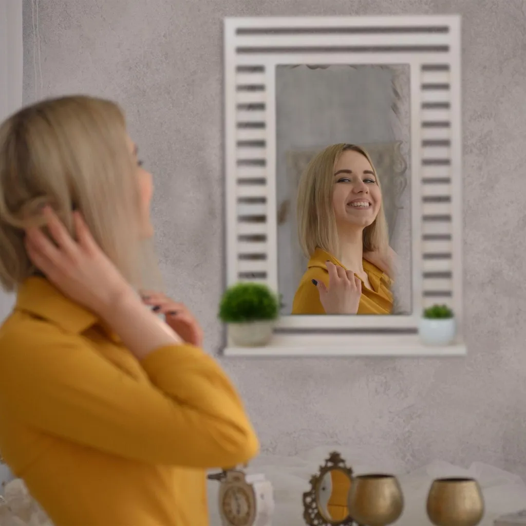 Miroir de salle de bain blanc vintage - Tablette intégrée et cadre robuste - 4