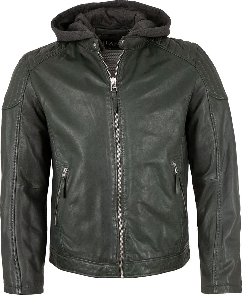 Jilani - Herren Lederjacke Kapuze Lammnappa petrol : 58