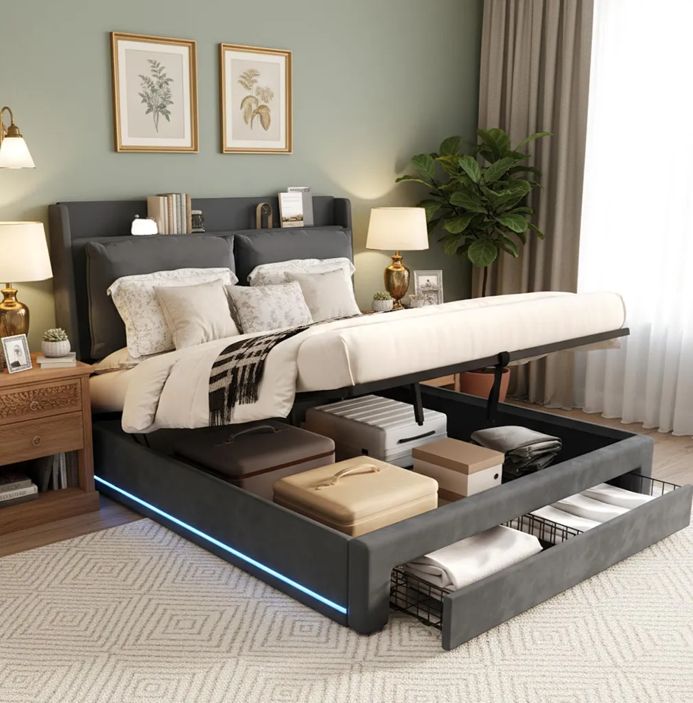 Lit avec LED et rangement 140x200cm en velours gris type Boxspring