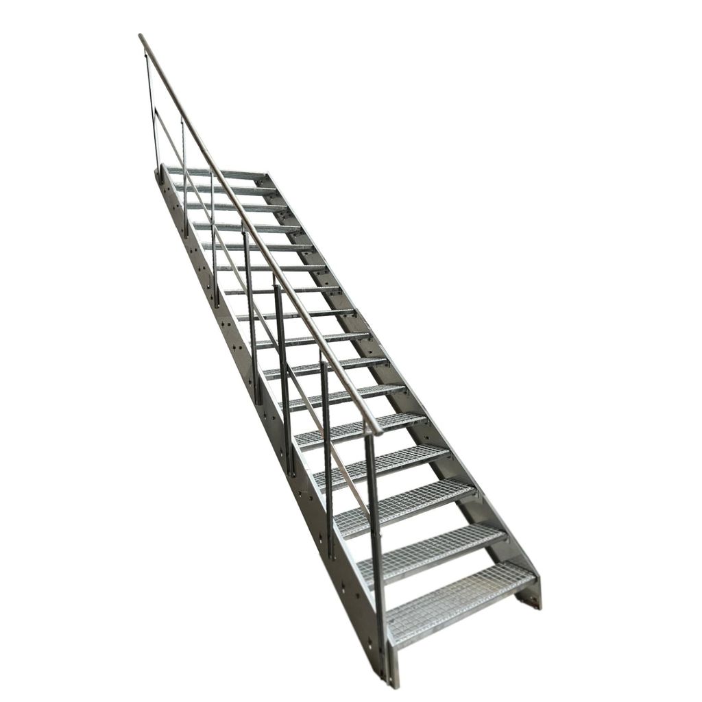 Wangen- Treppe Stahltreppe Gitterroststufen 16 Stufen Geländer Links - Verzinkt - (B x H x T) 140 x 304 x 310 cm