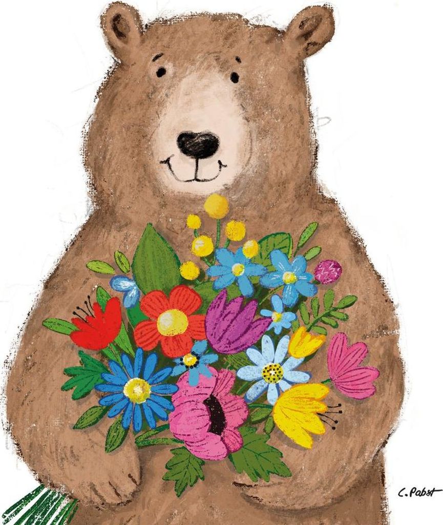 20 Servietten Bob - Bär mit Blumenstrauß 33x33cm