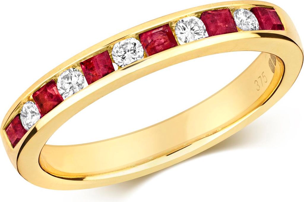 Atemberaubender 9 Karat (375) Gold Halb Eternity Damen - Diamant Ring Brillant-Schliff 0.16 Karat HI - I1 mit Rubin, 57 (18.1); TRS291909KYRSP