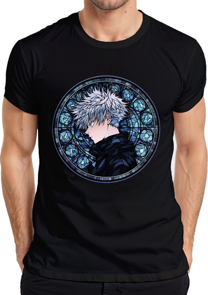 Anime weißes Haar Seitenprofil Buntglas Kreis düster Geschenk Herren T-Shirt, Schwarz, M