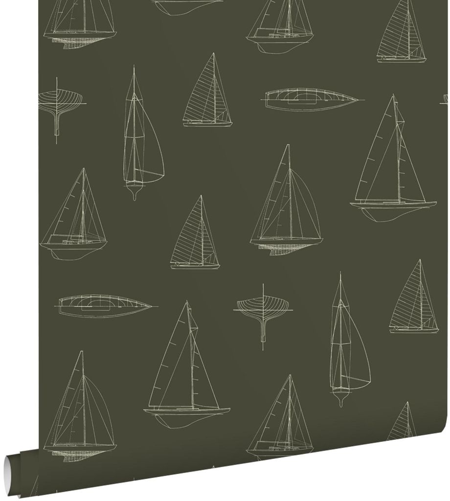 ESTAhome Tapete Boote Dunkelgrün 50 x 900 cm