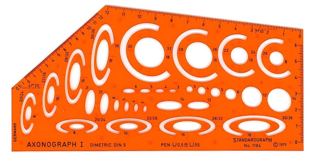 Standardgraph Schablone Axonograph I Dimetric Ellipsen: 3-36 mm, Raumachse