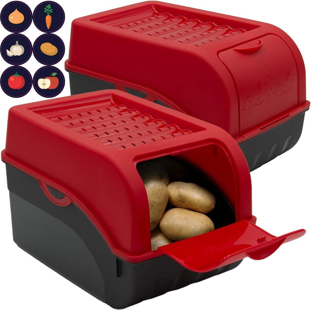 2 Vorratsboxen mit Deckel + 6 Aufkleber / 29x19x19cm, 5L - 4 kg Kartoffeln/Rot - für Gemüse und Obst, Äpfel und Zwiebeln