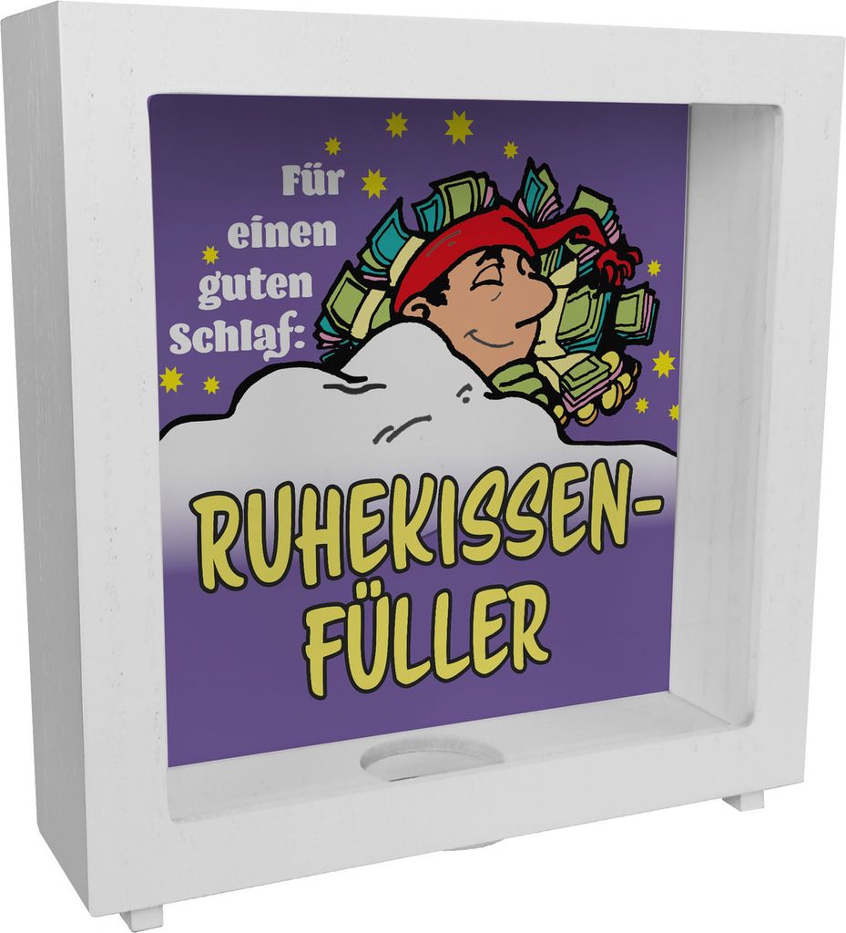 Ruhekissen-Füller Rahmen Spardose aus Holz in lila zum Thema Sparen und Schlafen
