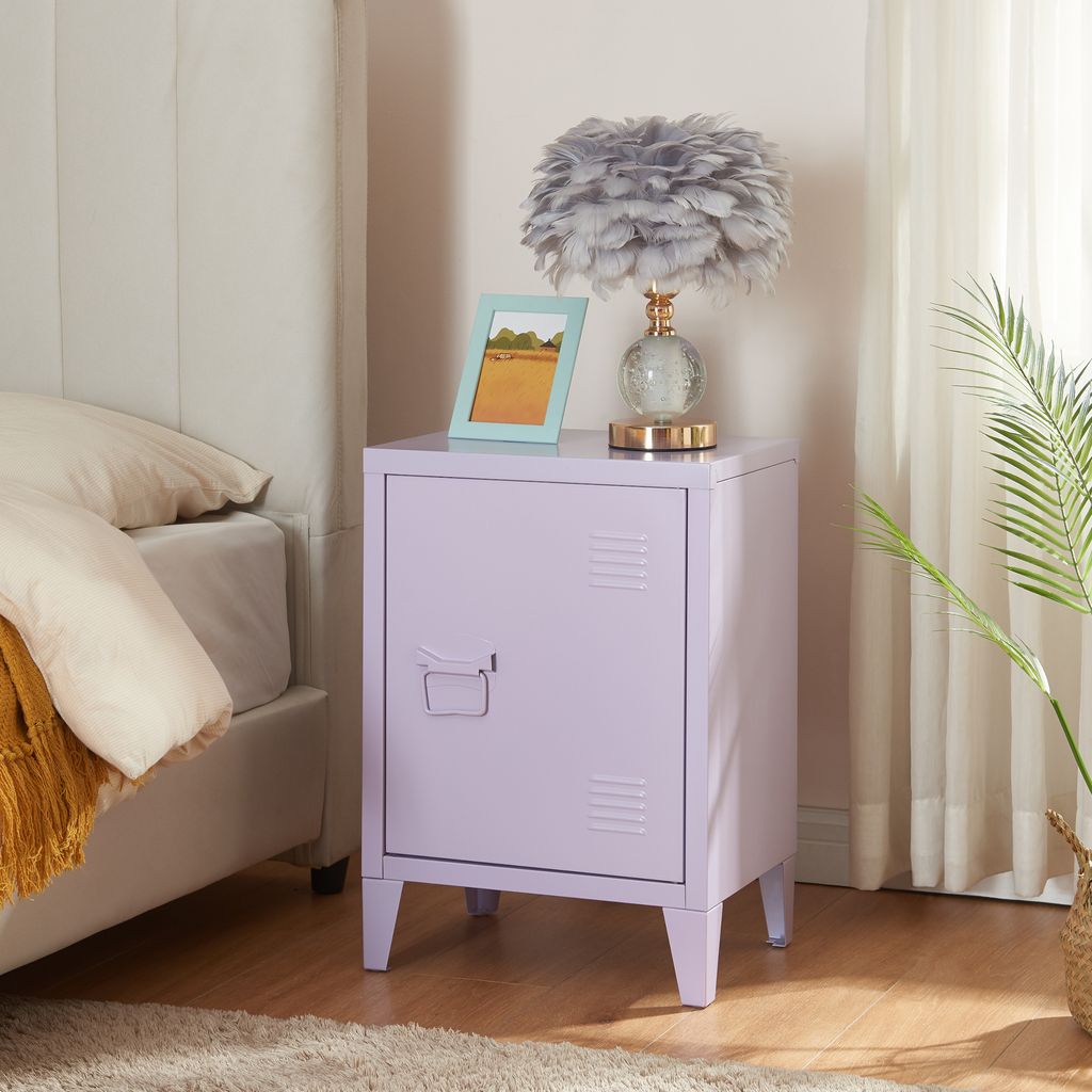 A purple locker-style nightstand next to a bed.