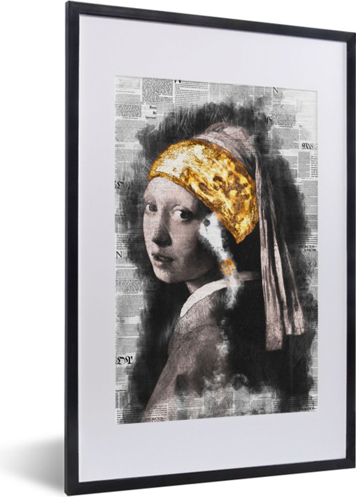 MuchoWow MuchoWow Gerahmtes Poster Mädchen mit Perlenohrring - Johannes Vermeer - Zeitungsartikel - Gold 40x60 cm - Poster mit zchwarzem Bilde...