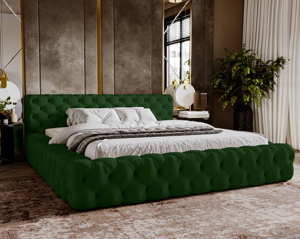 A luxurious bedroom setting with a green velvet tufted bed as the focal point.
