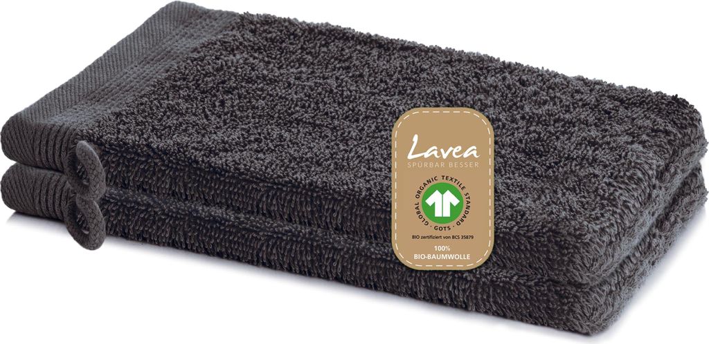 Lavea 2er Set Waschlappen 16x22 cm, Waschhandschuhe Bali aus Baumwolle Frottee, für Gesicht & Körper, 100% GOTS Baumwolle, Anthrazit