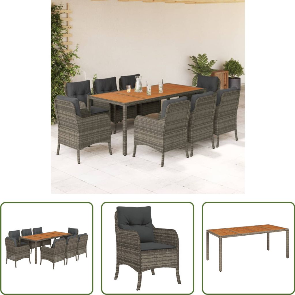 The Living Store 9-tlg. Garten-Essgruppe mit Kissen Grau Poly Rattan
