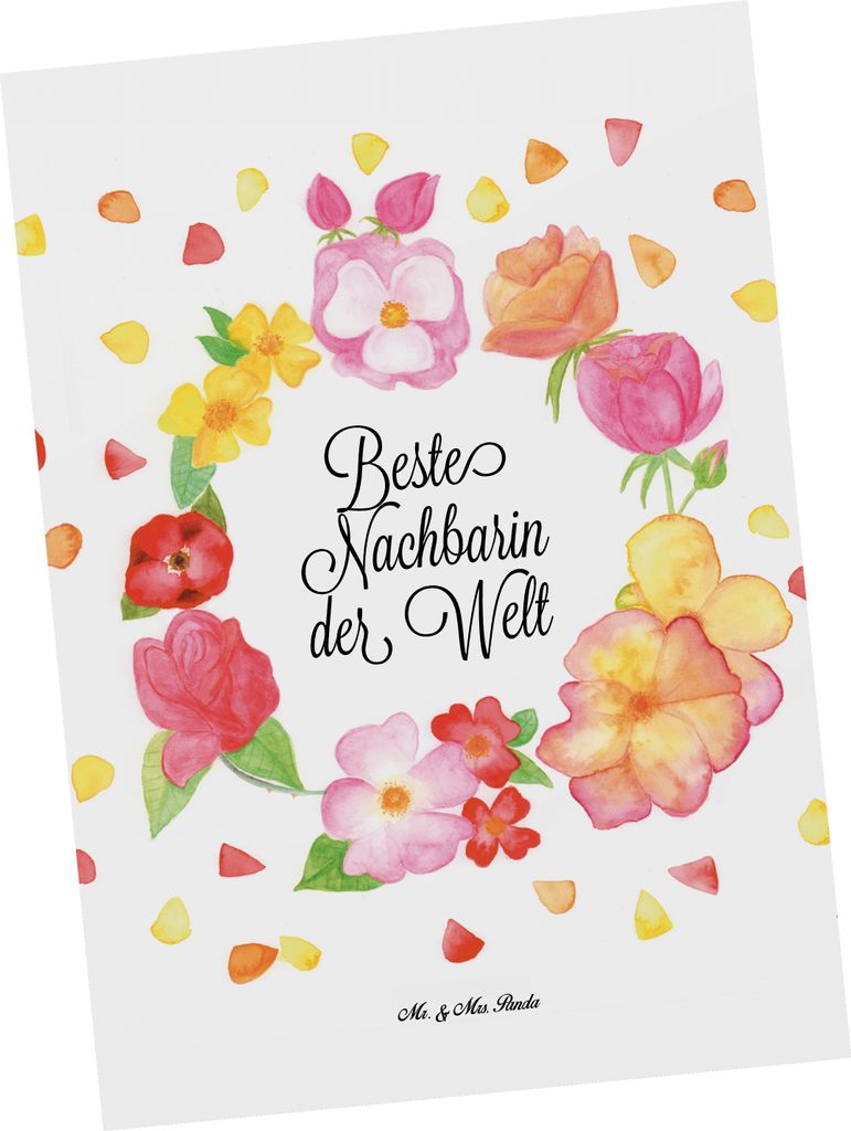 Mr. & Mrs. Panda Postkarte Nachbarin - Weiß - Geschenk, Freundschaft, Blumen Liebe Flower, Anwohnerin, Postkarten, Nachbarn, Ansichtskarte, Dankes...