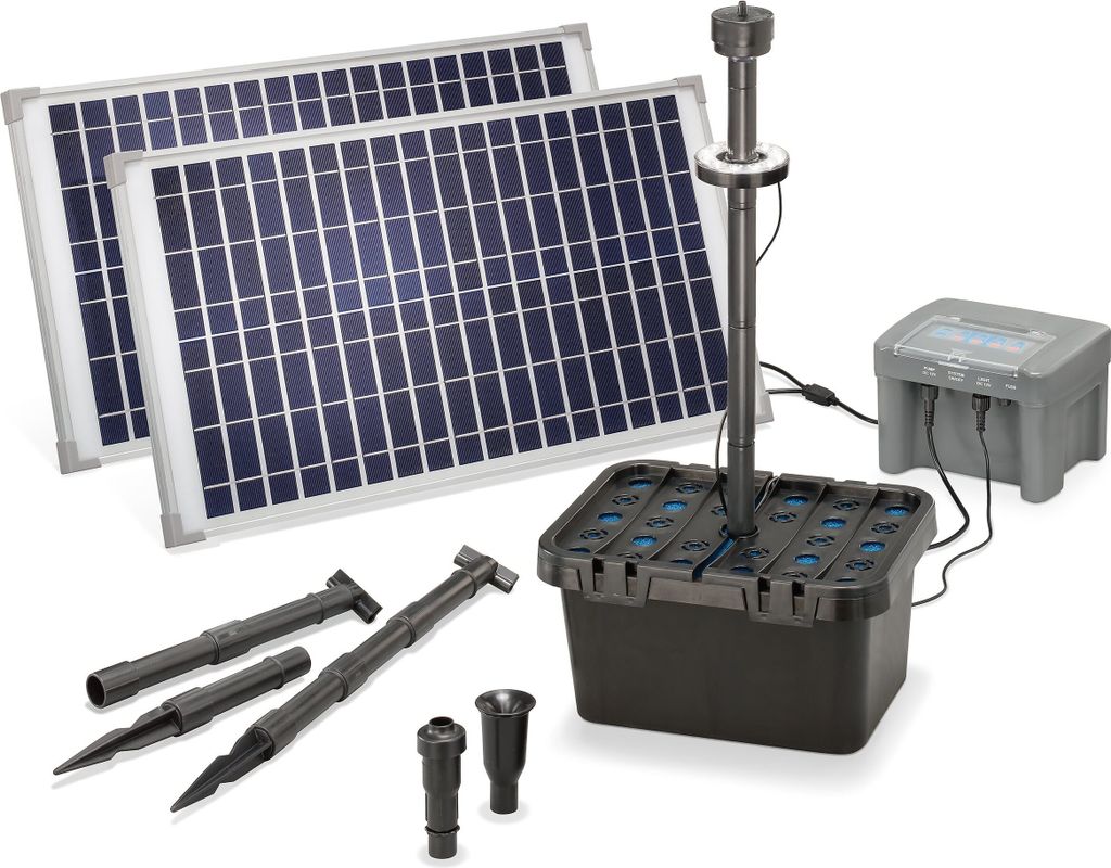 A solar-powered pond filter set with accessories, including solar panels, a filter box, a pump, and various attachments.