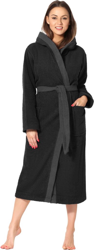 Ladeheid Damen Frottee Bademantel aus 100% Baumwolle LA40-191 (Schwarz-30/Dunkelgrau-12, XL)