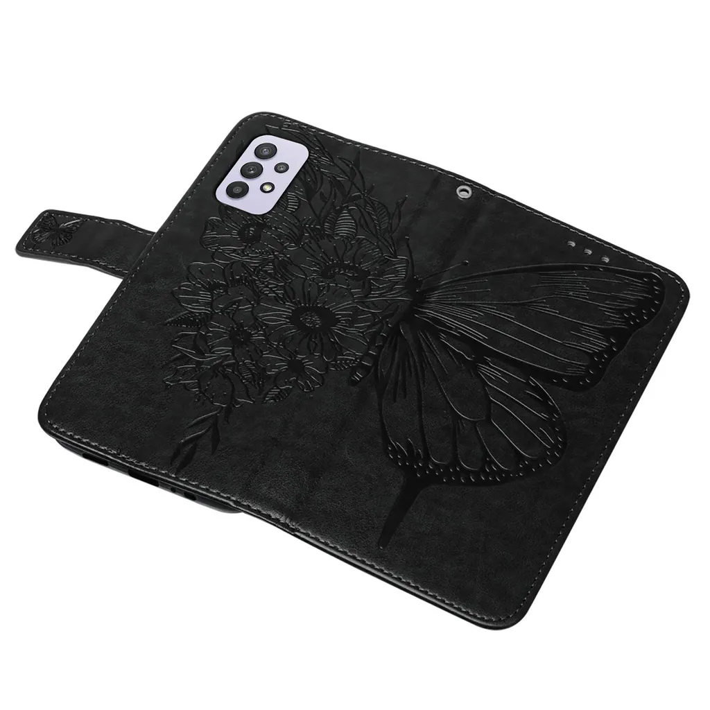 Custodia a Libro Samsung A32 5G Antiurto Farfalla Nera con Cinturino - 7