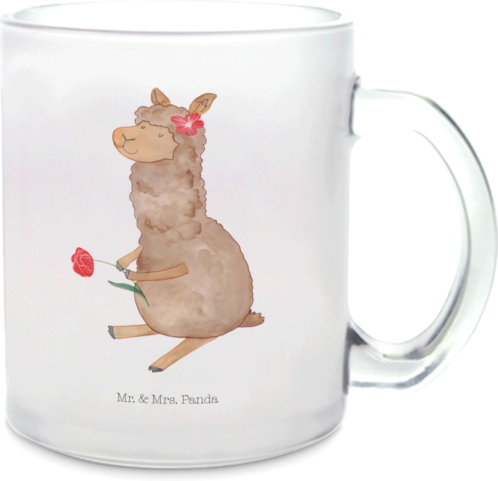 Mr. & Mrs. Panda Teetasse Alpaka Blume - Transparent - Geschenk, Glasbecher, Teeglas, Lama, Häferl, Lamas, Tee Tasse, Spruch, Haferl