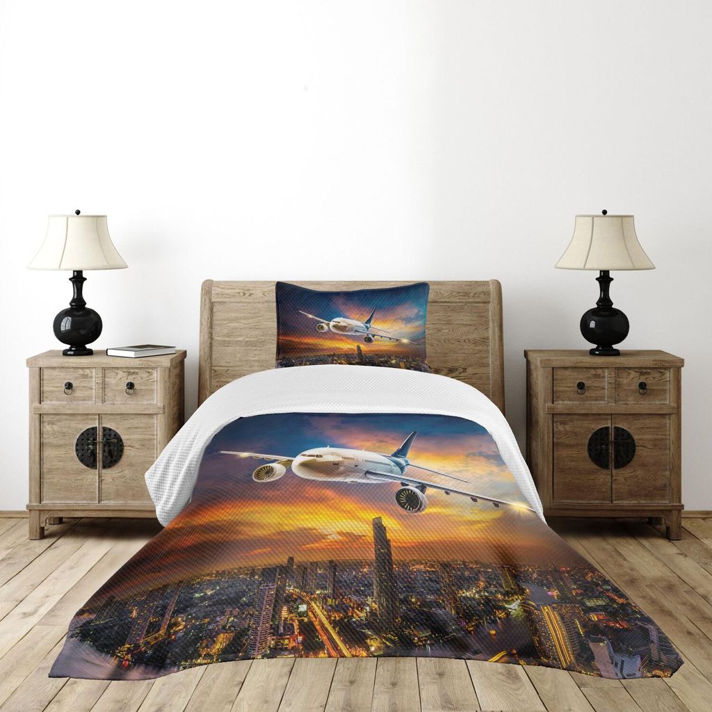 ABAKUHAUS Reise Tagesdecke Set, Vogelperspektive des Flughafens mit Flugzeug auf der Luft-Nachtlandschaft über Stadt-Sonnenuntergang-Bild, 170 x 2...
