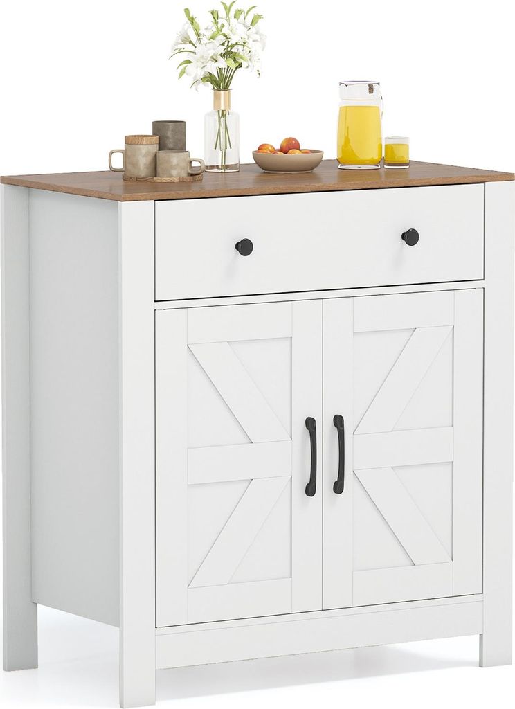 A white kitchen cabinet with a brown countertop and two doors, a drawer, and decorative elements on top.