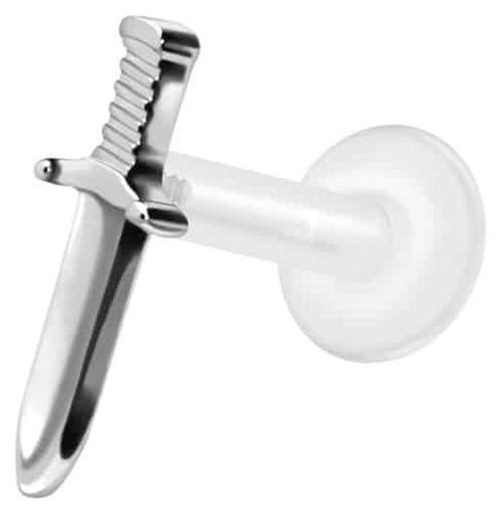 Ohrpiercing, Nasenpiercing PTFE Labret mit Innengewinde + Titan-Aufsatz SCHWERT Silber Stablänge: 7mm | Stabstärke: 1,2mm