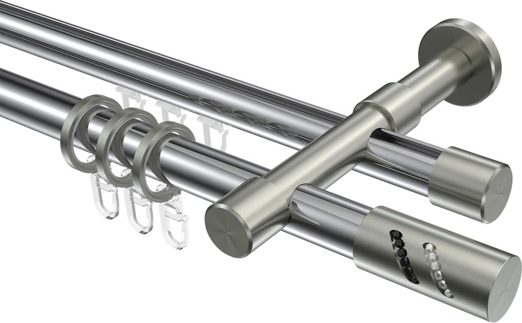 Interdeco Rundrohr-Innenlaufstange / Gardinenstange (Kombination) Chrom / Edelstahl-Optik, Typ Prestige Zoena (Glitzerzylinder), 20 mm Ø 2-läufig...