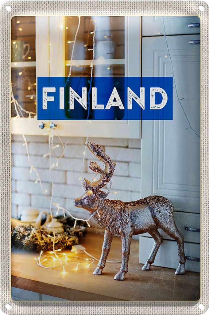 Blechschild Reise 18x12cm Finnland Hirsch Lichterkette Schrank